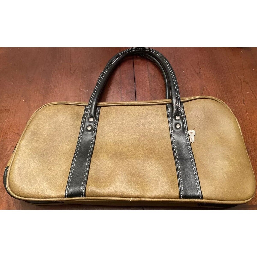 AIRWAY INDUSTRIES Vintage‎ Black Brown Mod Vinyl Satchel Hand Luggage Bag Key